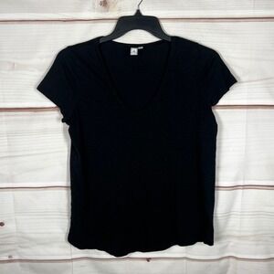 Susina V-Neck Pocket T-Shirt Womens Large Black Solid Short Sleeve Cotton Modal